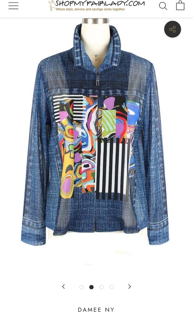 Damee Abstract Art Print Denim Pattern Mesh Full Zip Jacket